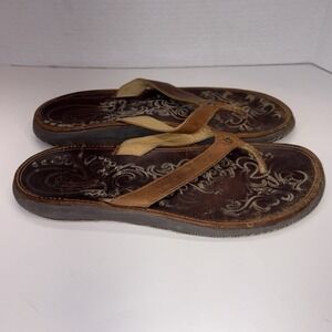 Olukai Paniolo Sandal Flip Flops Thong T-Post Brown Stitched Leather Womens Sz 9